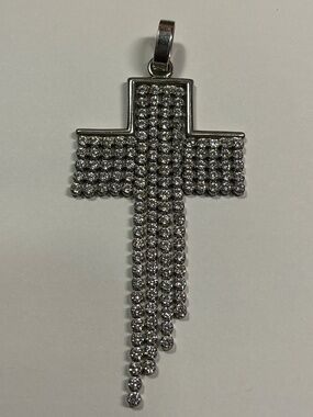 Silver Rhinestone Cross Pendant Necklace with Draped Tassels